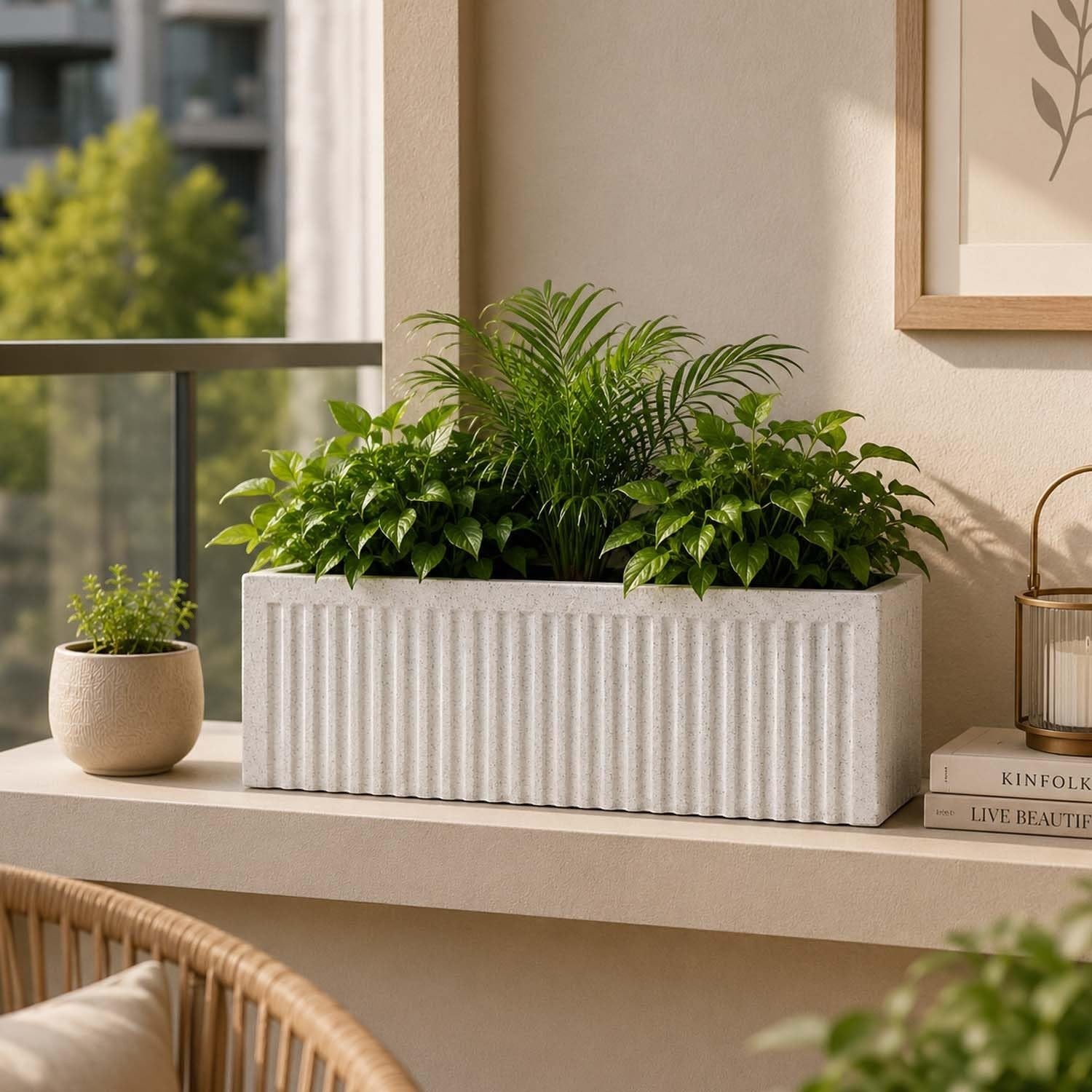 GoHooked grey ribbed polymer rectangular planter with lush green plants, perfect for indoor or outdoor spaces.