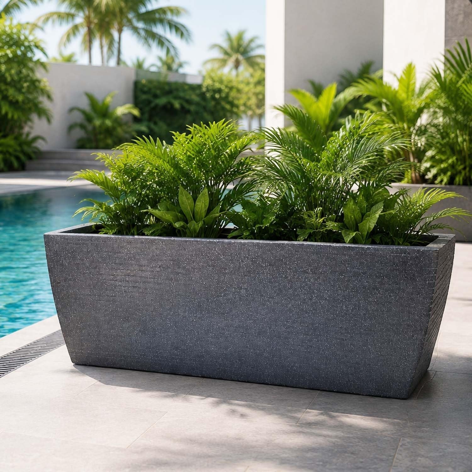 Go Hooked Rectangular Leios Planter Pot 24x11 Inch | Grey Ribbed Design Plastic Flower Pot for Indoor Outdoor Garden Balcony Terrace Living Room | Decorative Long Plant Container with Drainage Hole