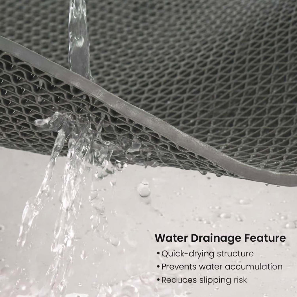 GoHooked grey rubber anti-skid bathroom mat with honeycomb drainage structure, water flowing through.