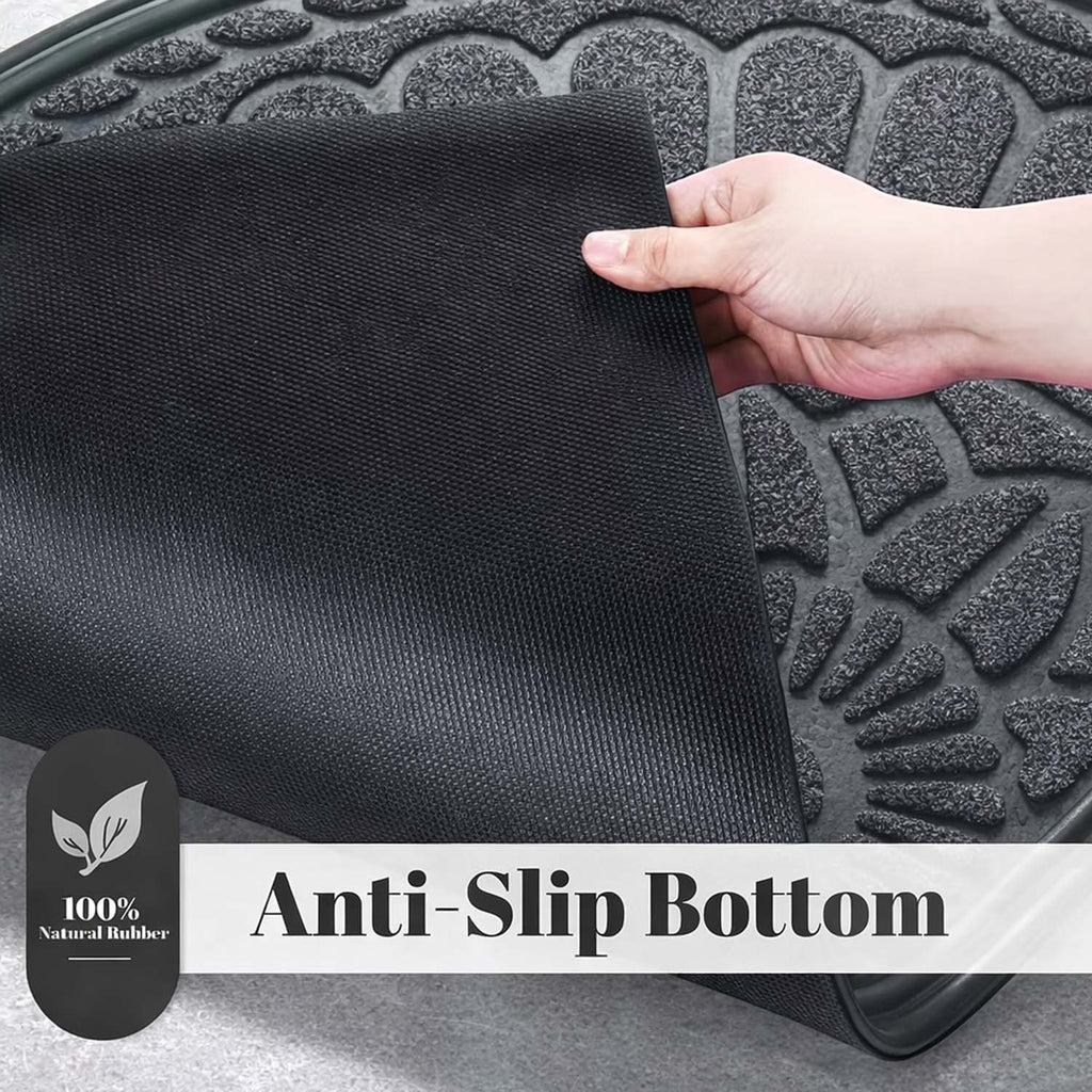 GoHooked grey rubber half circle door mat showing the textured anti-slip backing and embossed floral pattern