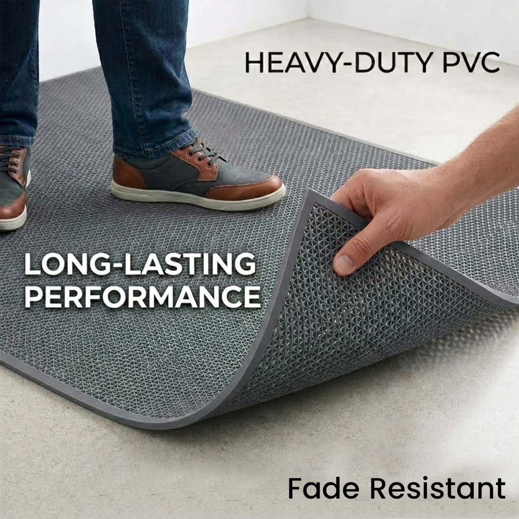 GoHooked grey heavy-duty rubber bathroom mat with triangular drainage pattern for anti-slip safety in wet areas.