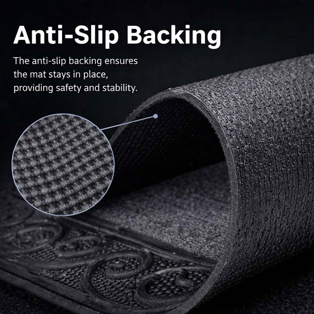 GoHooked grey rubber door mat showing the textured anti-slip backing and decorative border detail