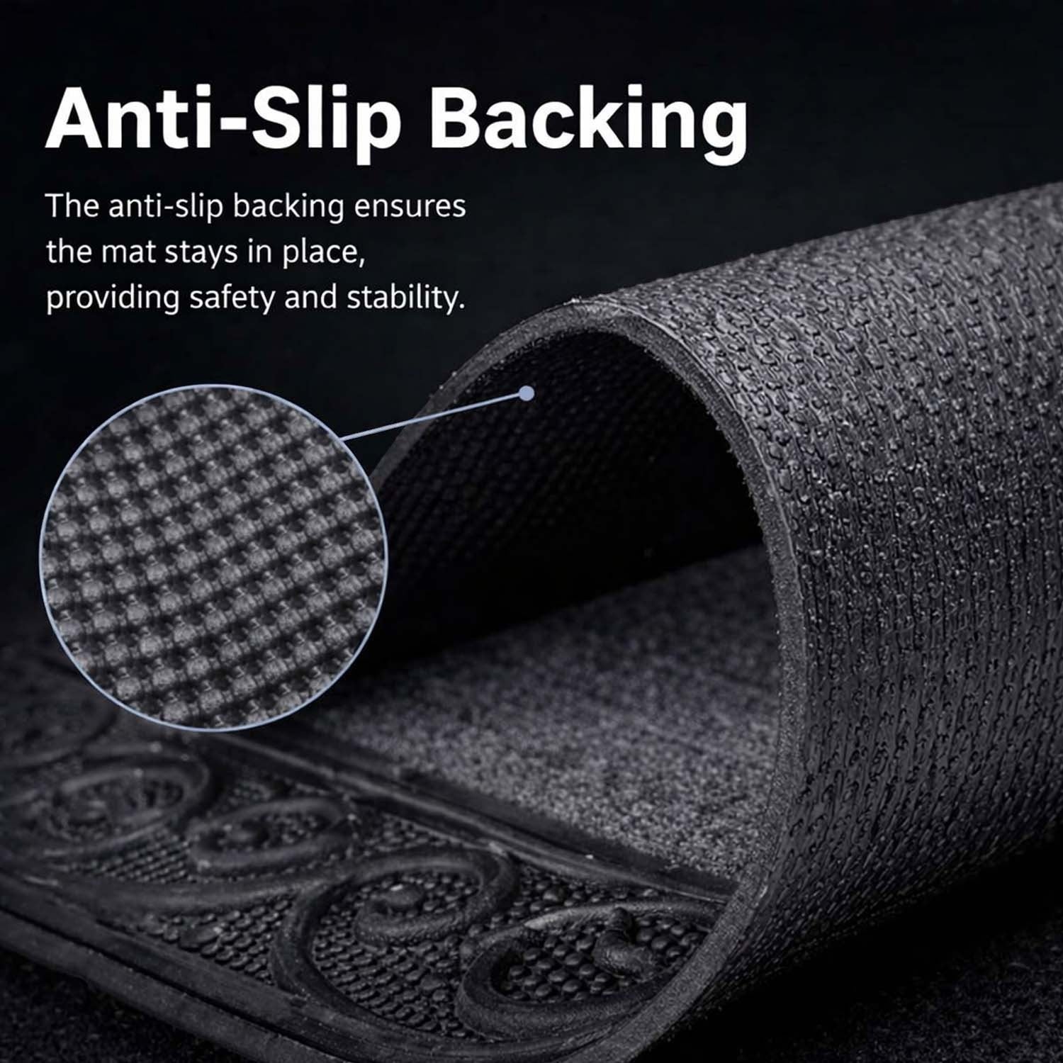 GoHooked grey rubber door mat showing the textured anti-slip backing and decorative border detail