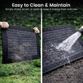 GoHooked grey rubber door mat with ribbed texture being cleaned by shaking off dirt and rinsing with water