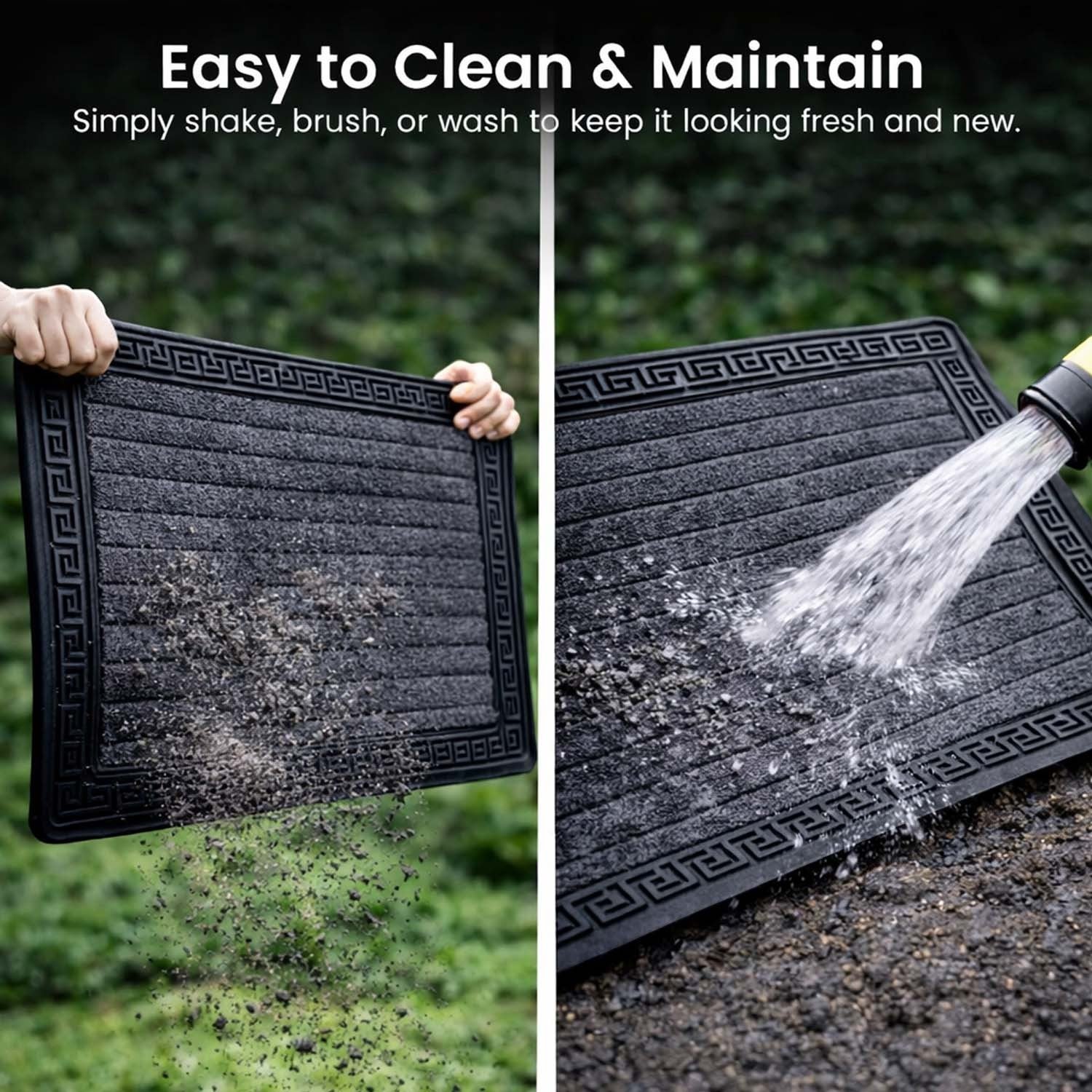 GoHooked grey rubber door mat with ribbed texture being cleaned by shaking off dirt and rinsing with water
