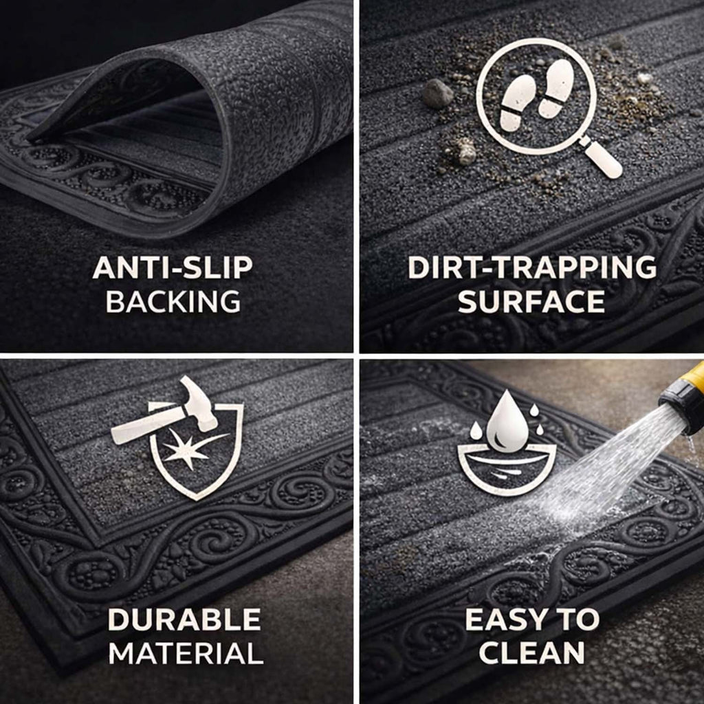 GoHooked grey rubber door mat featuring a ribbed dirt-trapping surface, anti-slip backing, and decorative border.