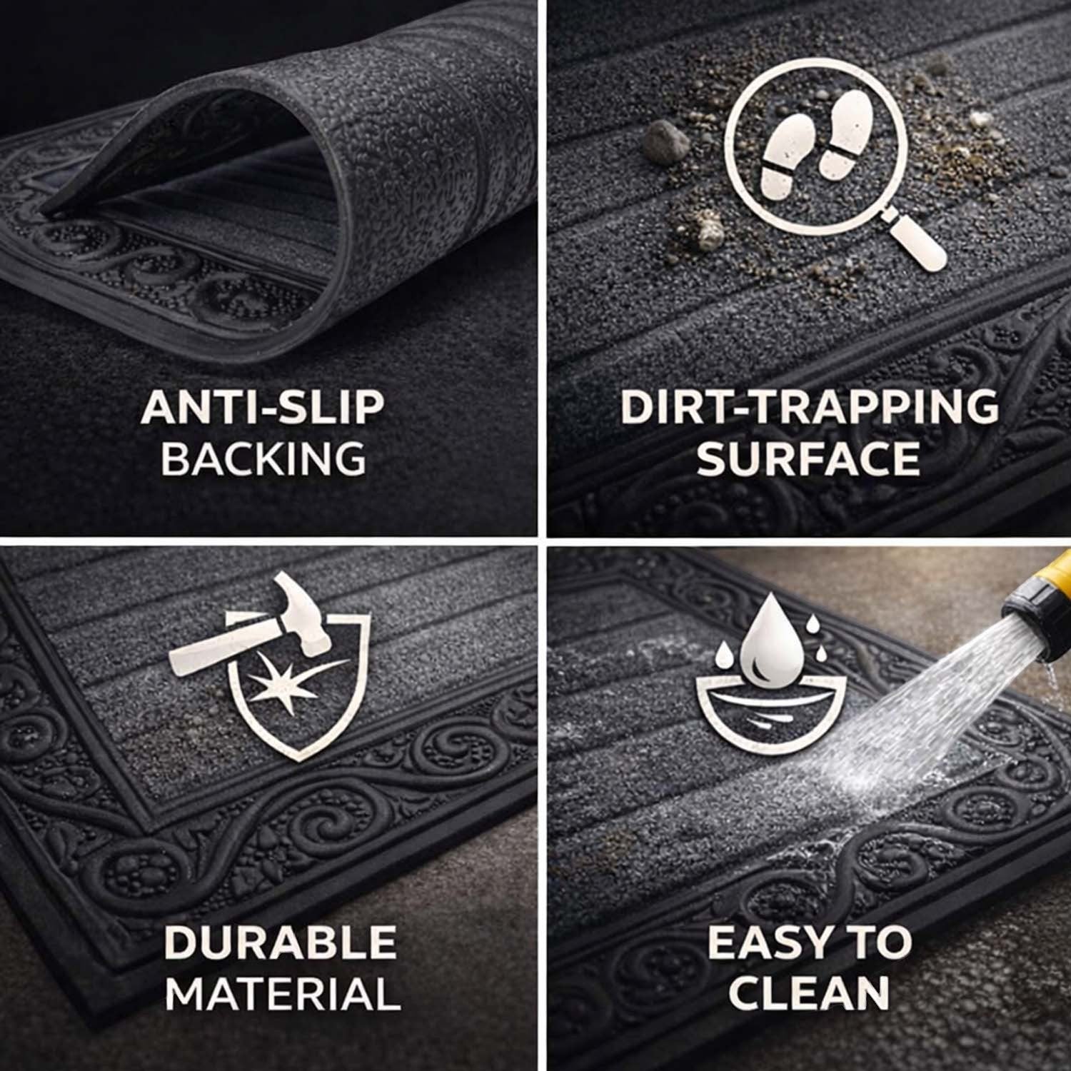 GoHooked grey rubber door mat featuring a ribbed dirt-trapping surface, anti-slip backing, and decorative border.