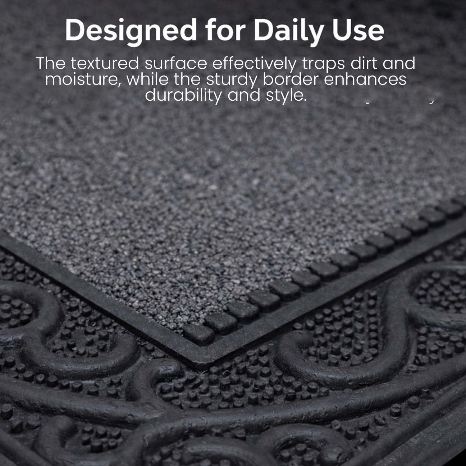 GoHooked grey rubber door mat with pebble texture and decorative border for dust control and anti-slip grip