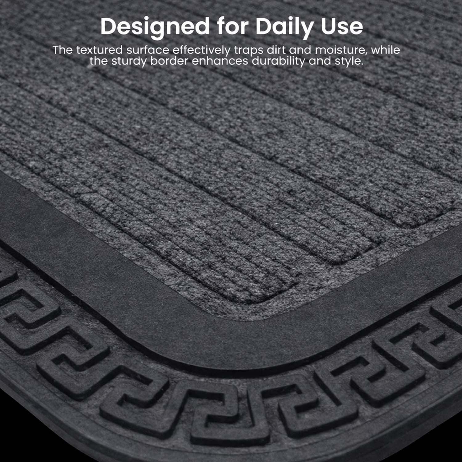 GoHooked grey rubber door mat with ribbed texture and decorative border for trapping dirt at home entrances.