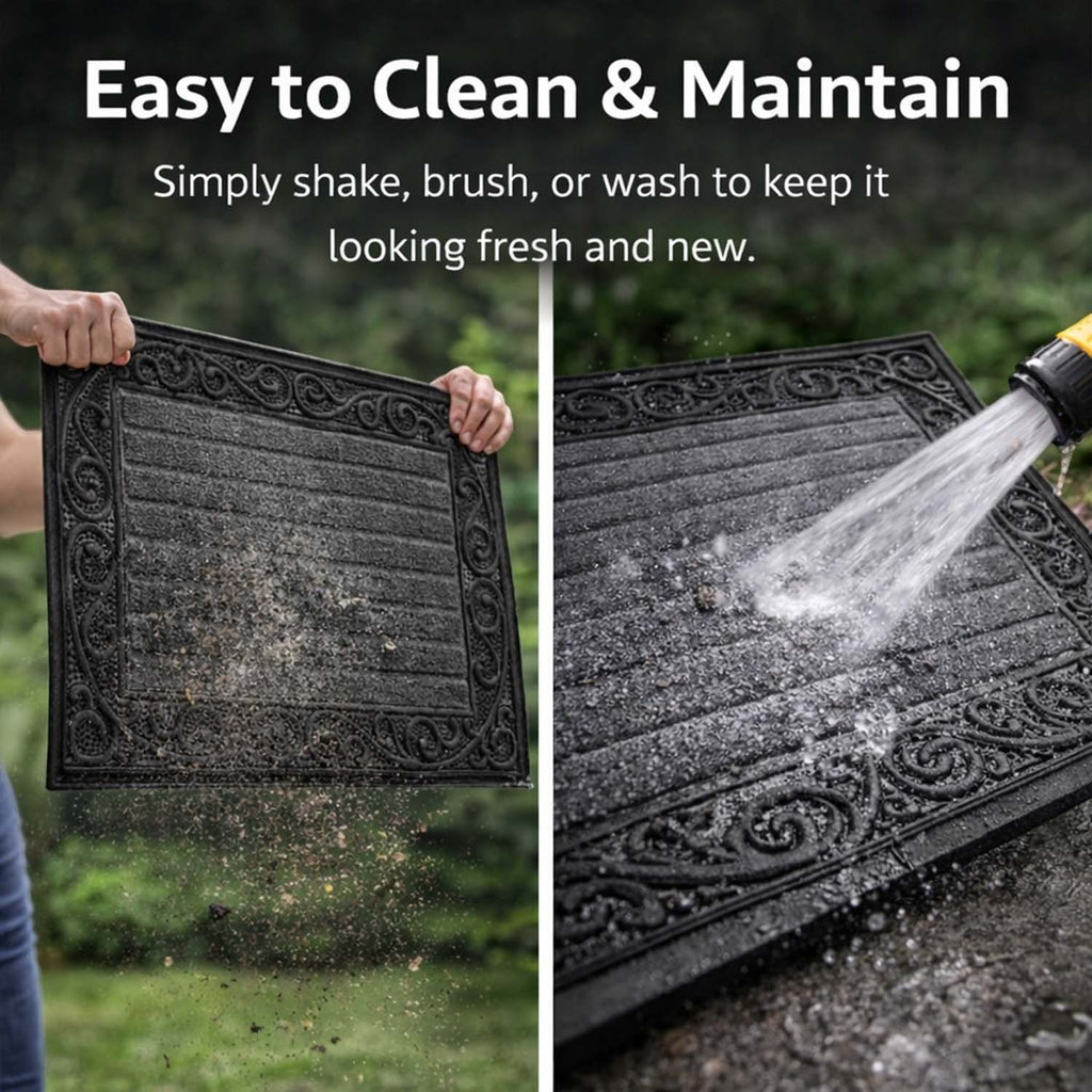 GoHooked grey heavy-duty rubber door mat with ribbed surface and decorative border being cleaned with water
