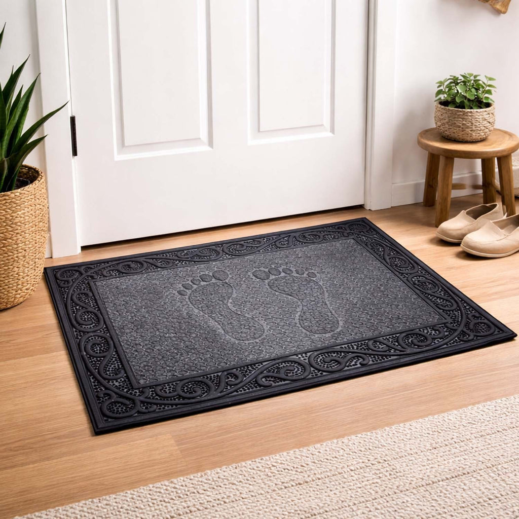 GoHooked grey rubber door mat with pebble texture and footprint design for home entrance and dust control.