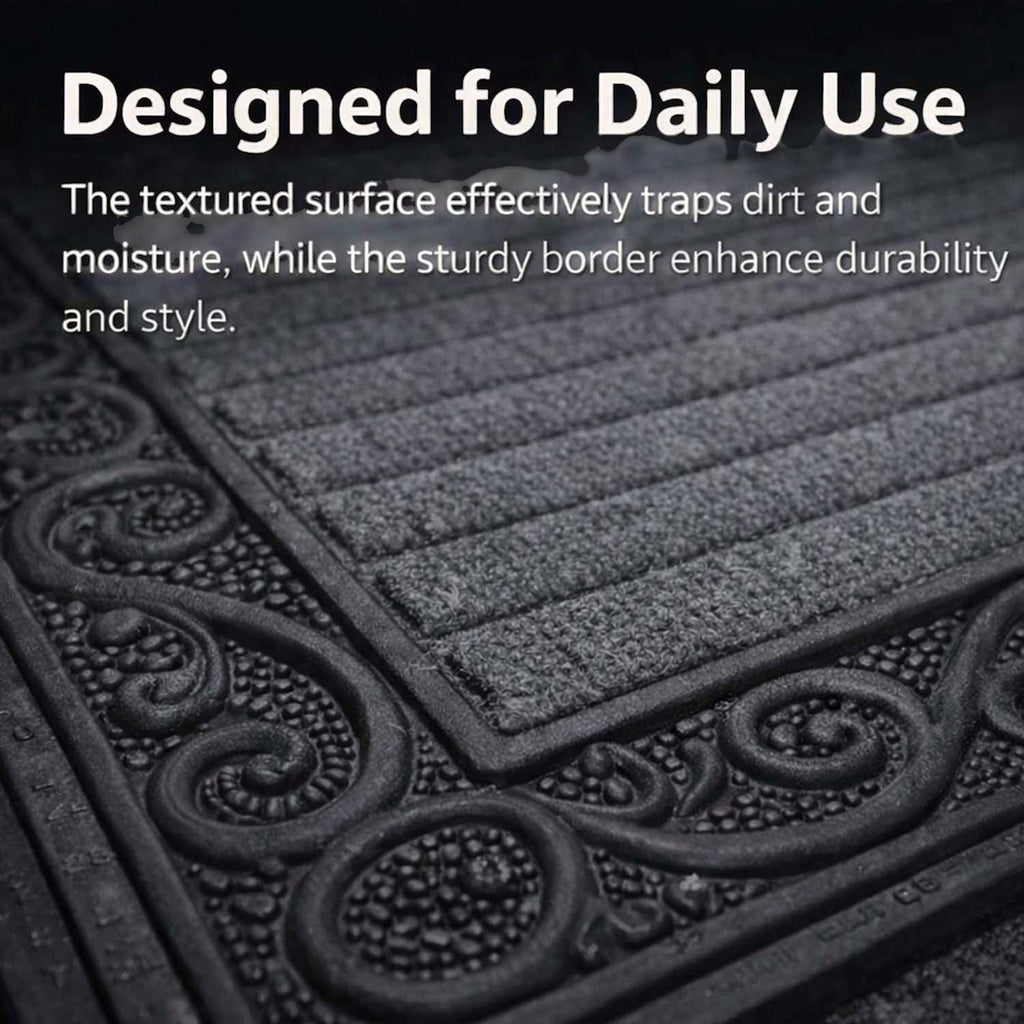 GoHooked grey rubber door mat with a ribbed surface and decorative border for dirt trapping and anti-slip safety.