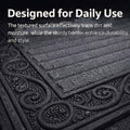 GoHooked grey rubber door mat with a ribbed surface and decorative border for dirt trapping and anti-slip safety.