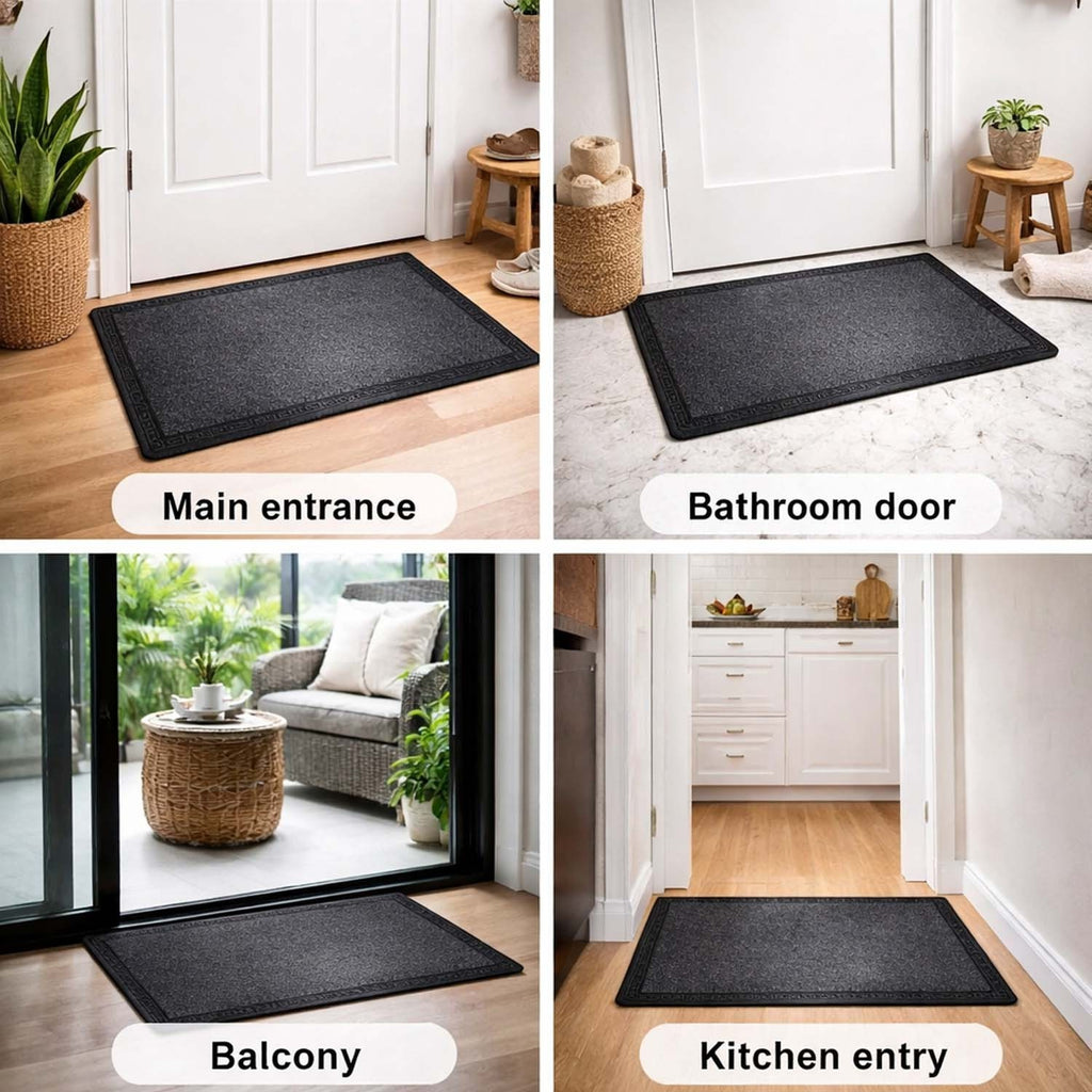 GoHooked grey rubber door mat with ribbed texture for dust trapping, shown in four home entrance settings.