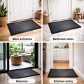 GoHooked grey rubber door mat with ribbed texture for dust trapping, shown in four home entrance settings.