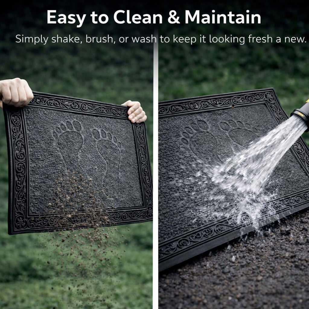 GoHooked grey rubber door mat with pebble texture and footprint design being cleaned by shaking and water rinsing