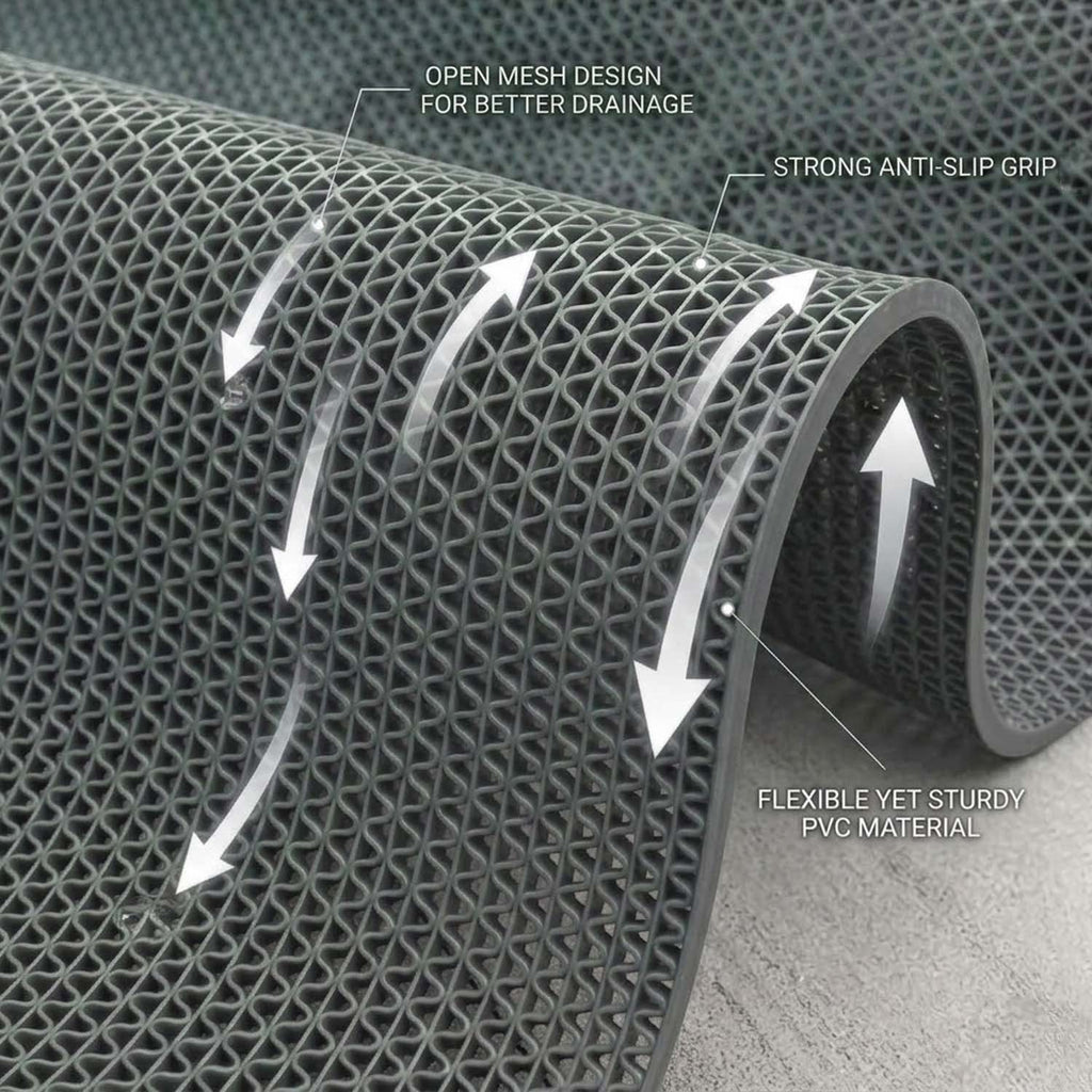 GoHooked grey anti-skid rubber bathroom mat with a flexible open mesh design for quick water drainage.