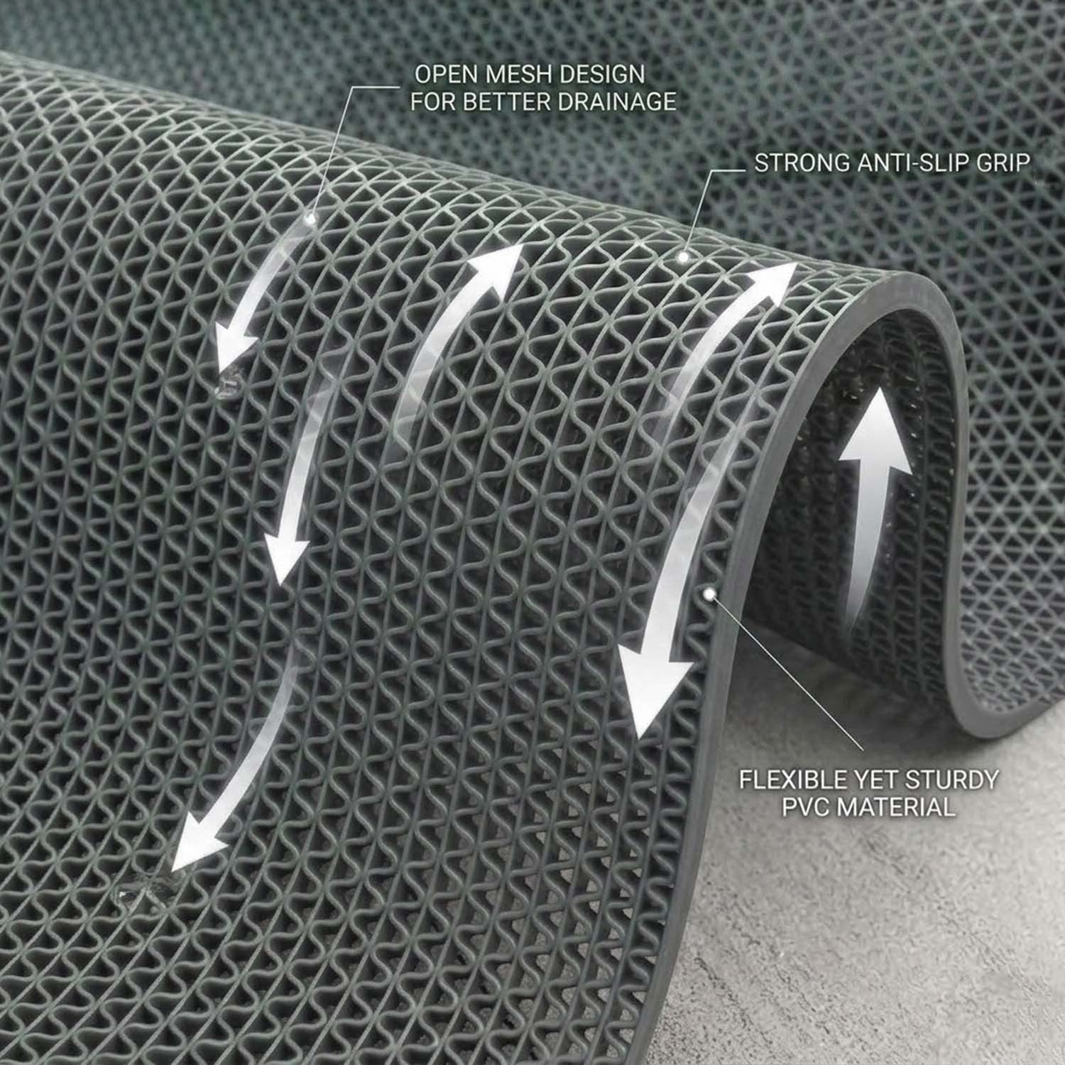 GoHooked grey anti-skid rubber bathroom mat with a flexible open mesh design for quick water drainage.