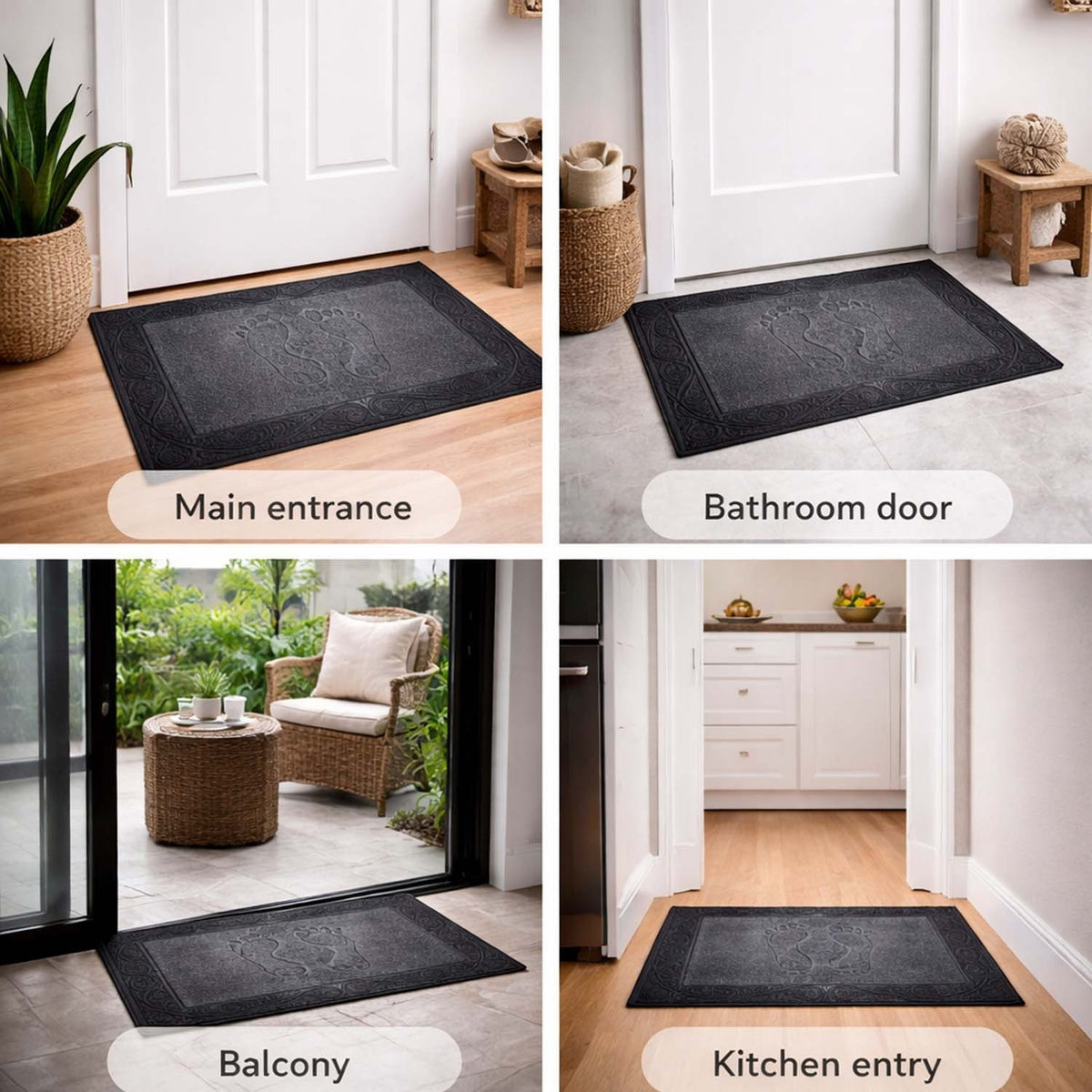 GoHooked grey rubber door mat with pebble texture and footprint design, shown in home entrance, kitchen, and bathroom.
