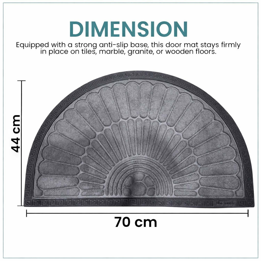 GoHooked grey rubber half circle door mat with sunburst pattern and anti-slip base, measuring 70x44 cm.
