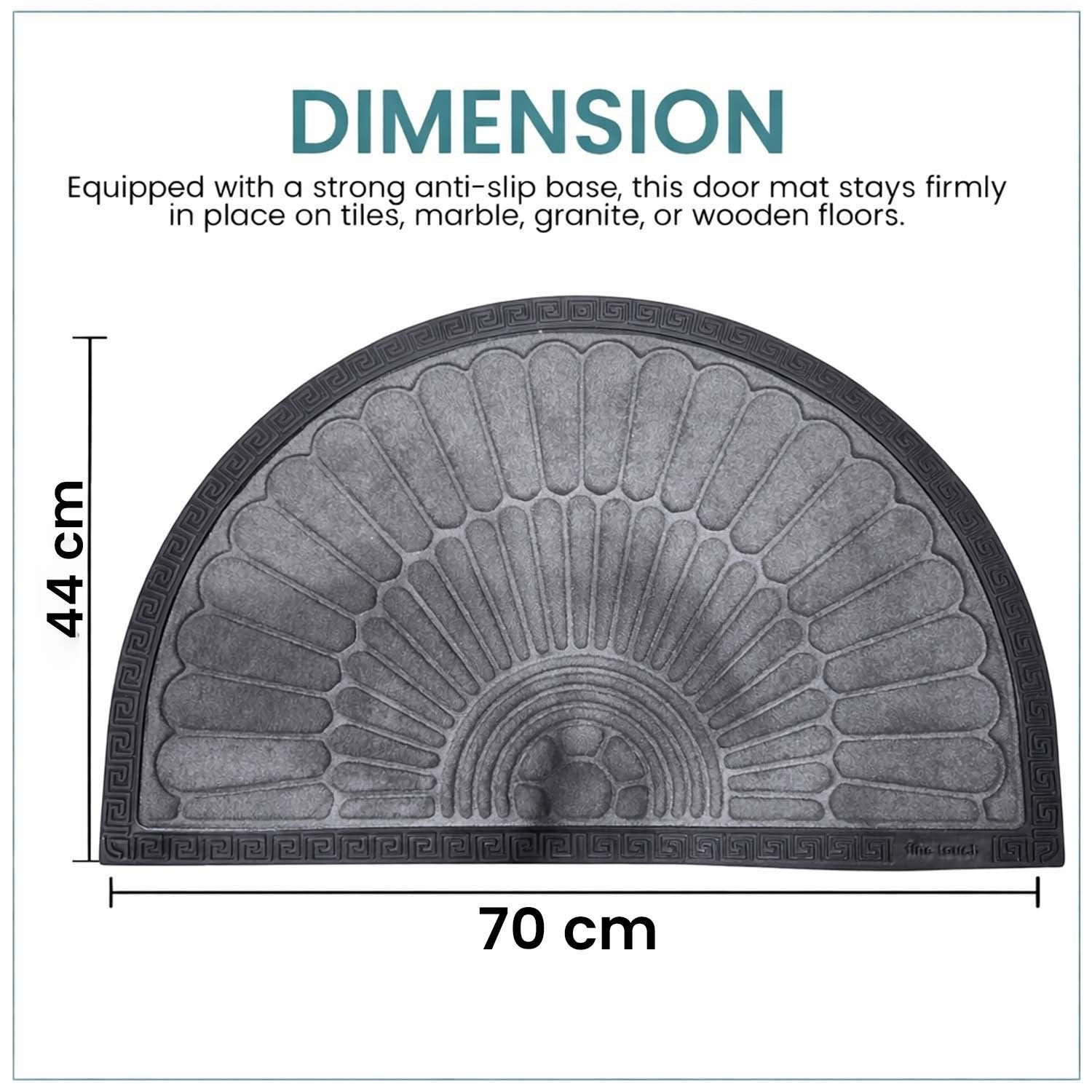 GoHooked grey rubber half circle door mat with sunburst pattern and anti-slip base, measuring 70x44 cm.