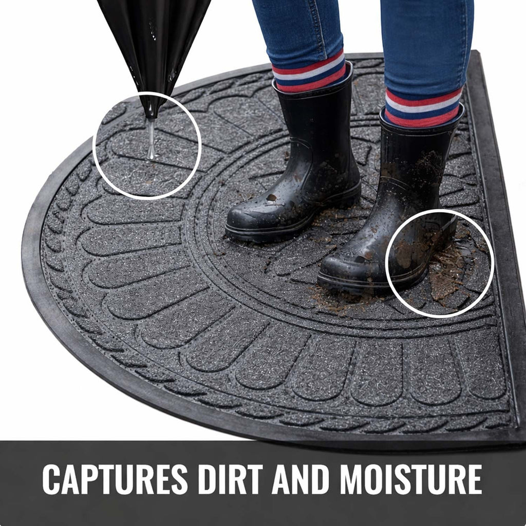 GoHooked grey rubber half circle door mat with embossed floral pattern, capturing dirt and moisture from muddy boots.