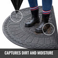 GoHooked grey rubber half circle door mat with embossed floral pattern, capturing dirt and moisture from muddy boots.