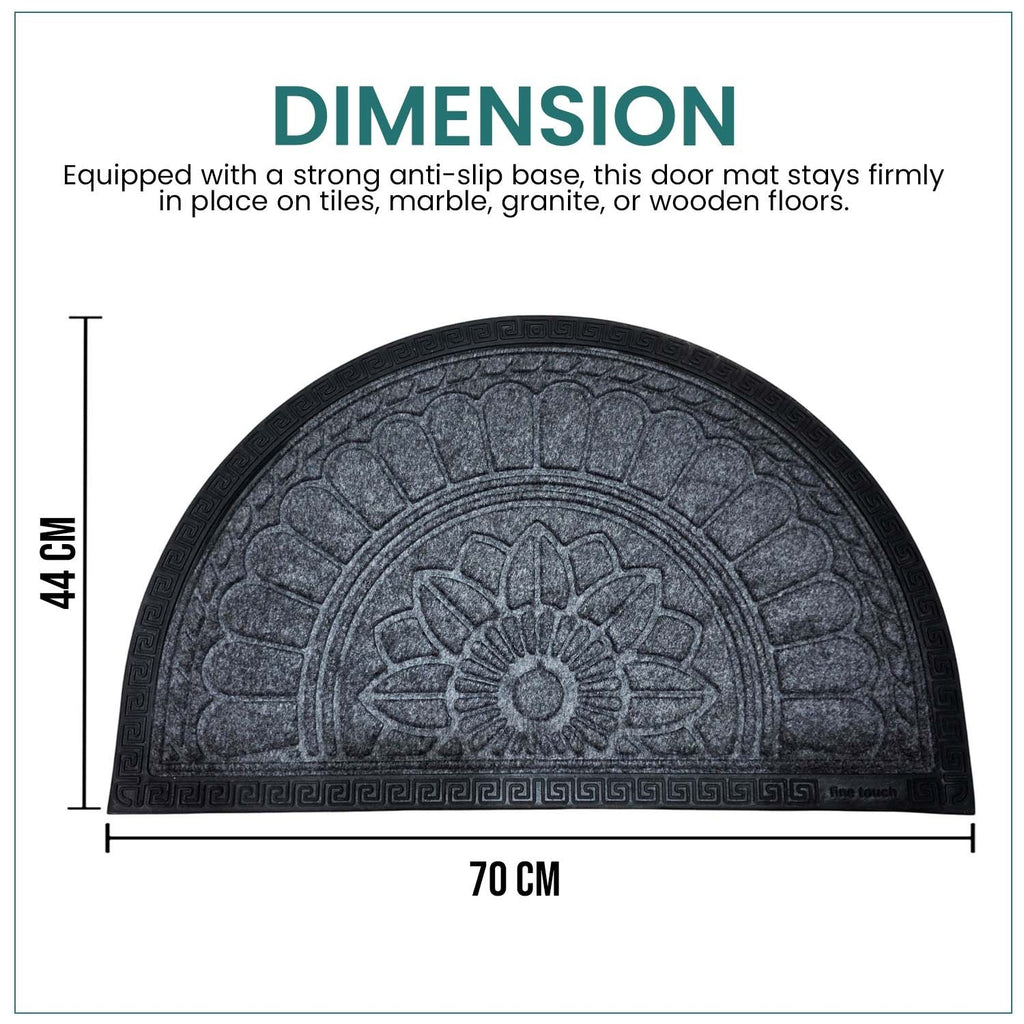 GoHooked grey rubber half circle door mat with embossed floral pattern and anti-slip base, 70x44 cm dimensions.