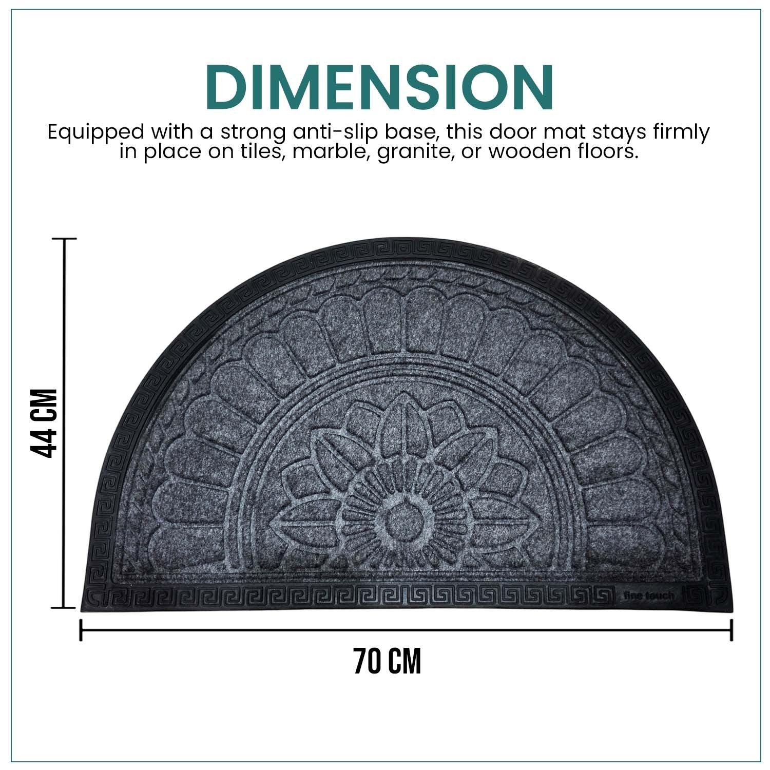 GoHooked grey rubber half circle door mat with embossed floral pattern and anti-slip base, 70x44 cm dimensions.