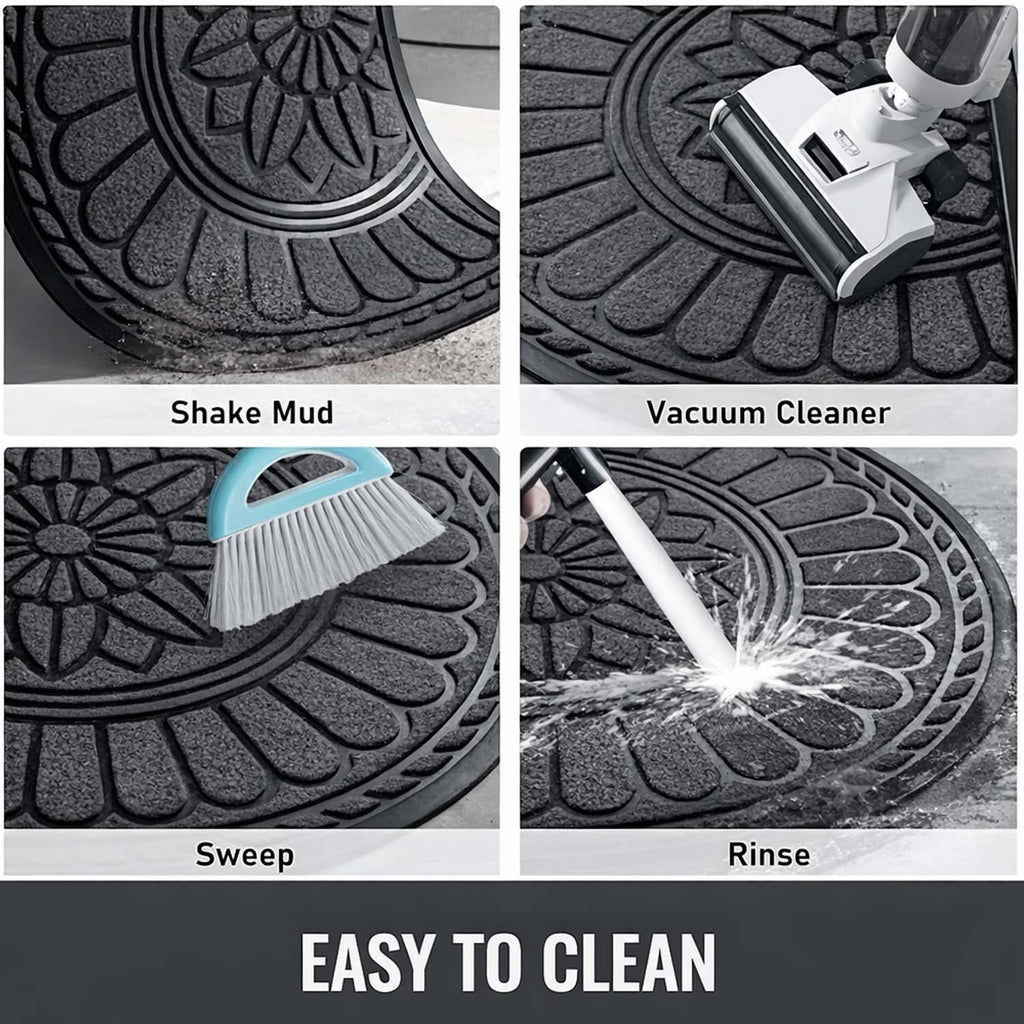 GoHooked grey rubber half circle door mat showing easy cleaning methods like shaking, vacuuming, sweeping, and rinsing.