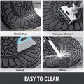 GoHooked grey rubber half circle door mat showing easy cleaning methods like shaking, vacuuming, sweeping, and rinsing.