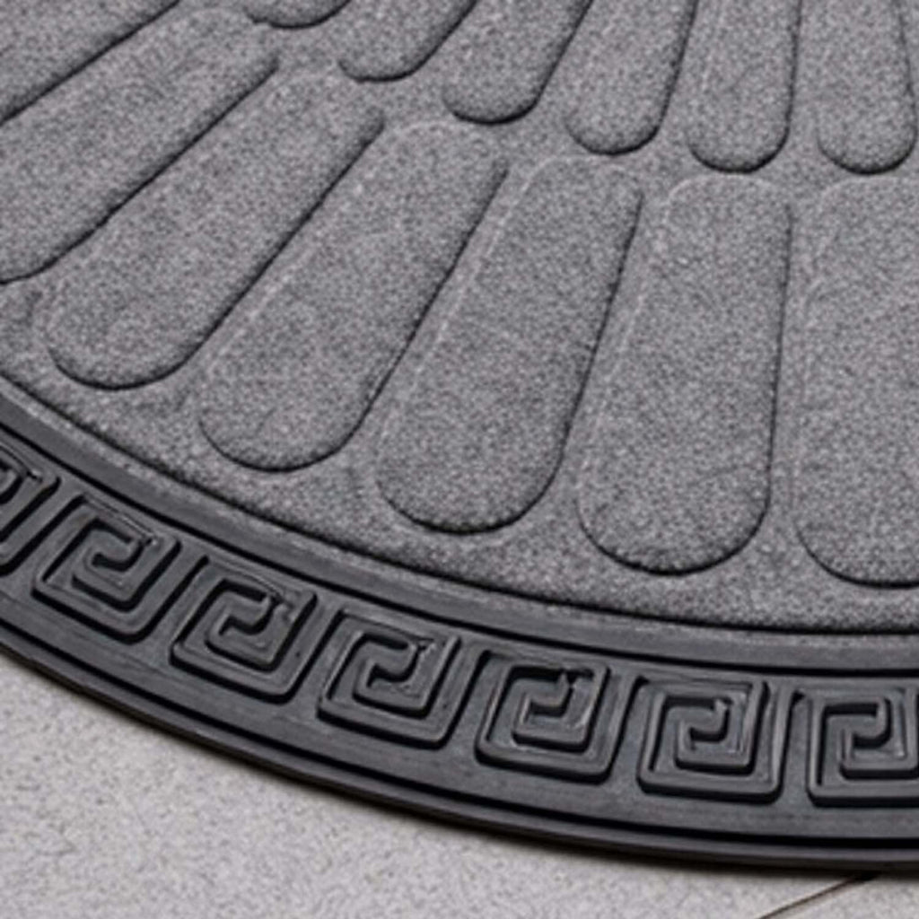 GoHooked grey rubber half circle door mat with a sunburst pattern and decorative black Greek key border.