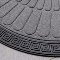 GoHooked grey rubber half circle door mat with a sunburst pattern and decorative black Greek key border.