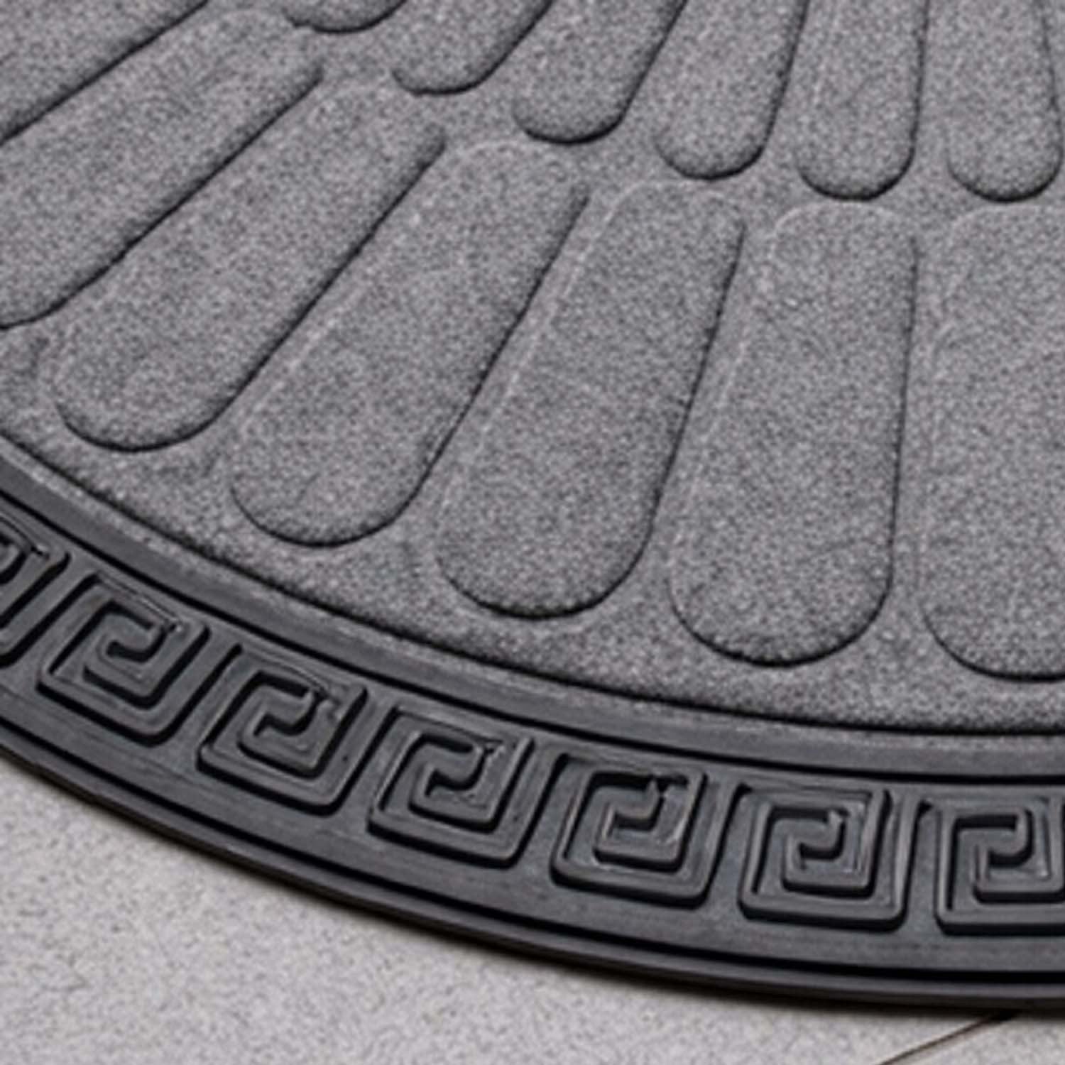 GoHooked grey rubber half circle door mat with a sunburst pattern and decorative black Greek key border.