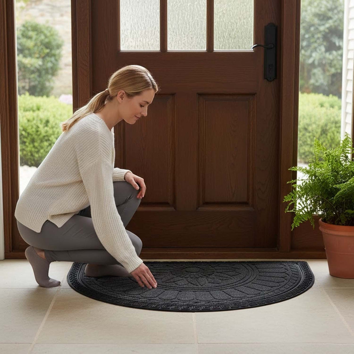 Woman touching a grey GoHooked rubber half circle door mat with embossed floral pattern at a home entrance