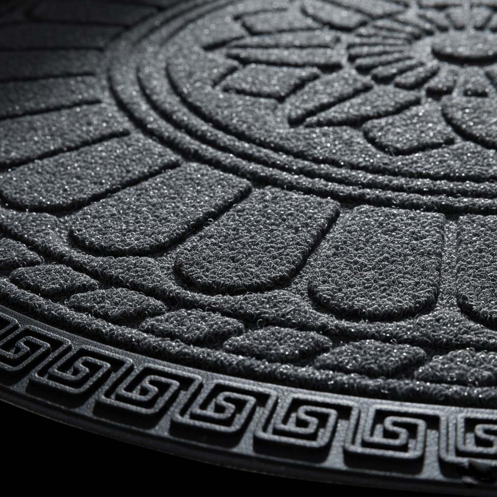 GoHooked grey rubber half circle door mat with embossed lotus floral pattern and decorative border