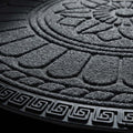 GoHooked grey rubber half circle door mat with embossed lotus floral pattern and decorative border