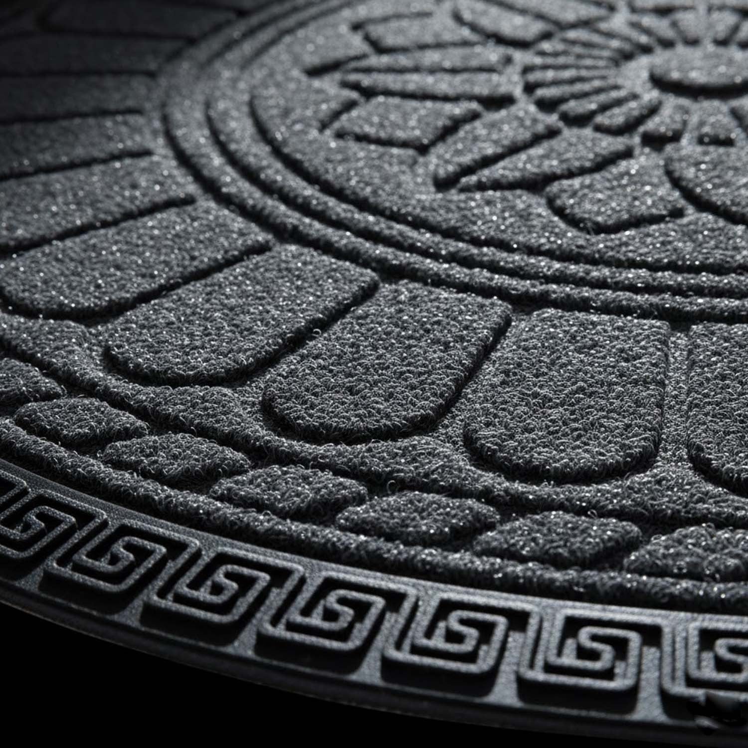 GoHooked grey rubber half circle door mat with embossed lotus floral pattern and decorative border