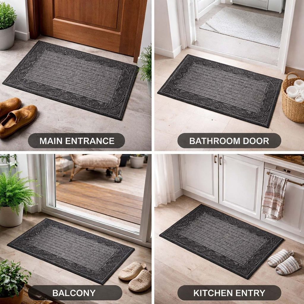 GoHooked grey rubber door mat with ribbed surface and decorative border shown in home entrance, kitchen, and bathroom.