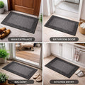 GoHooked grey rubber door mat with ribbed surface and decorative border shown in home entrance, kitchen, and bathroom.
