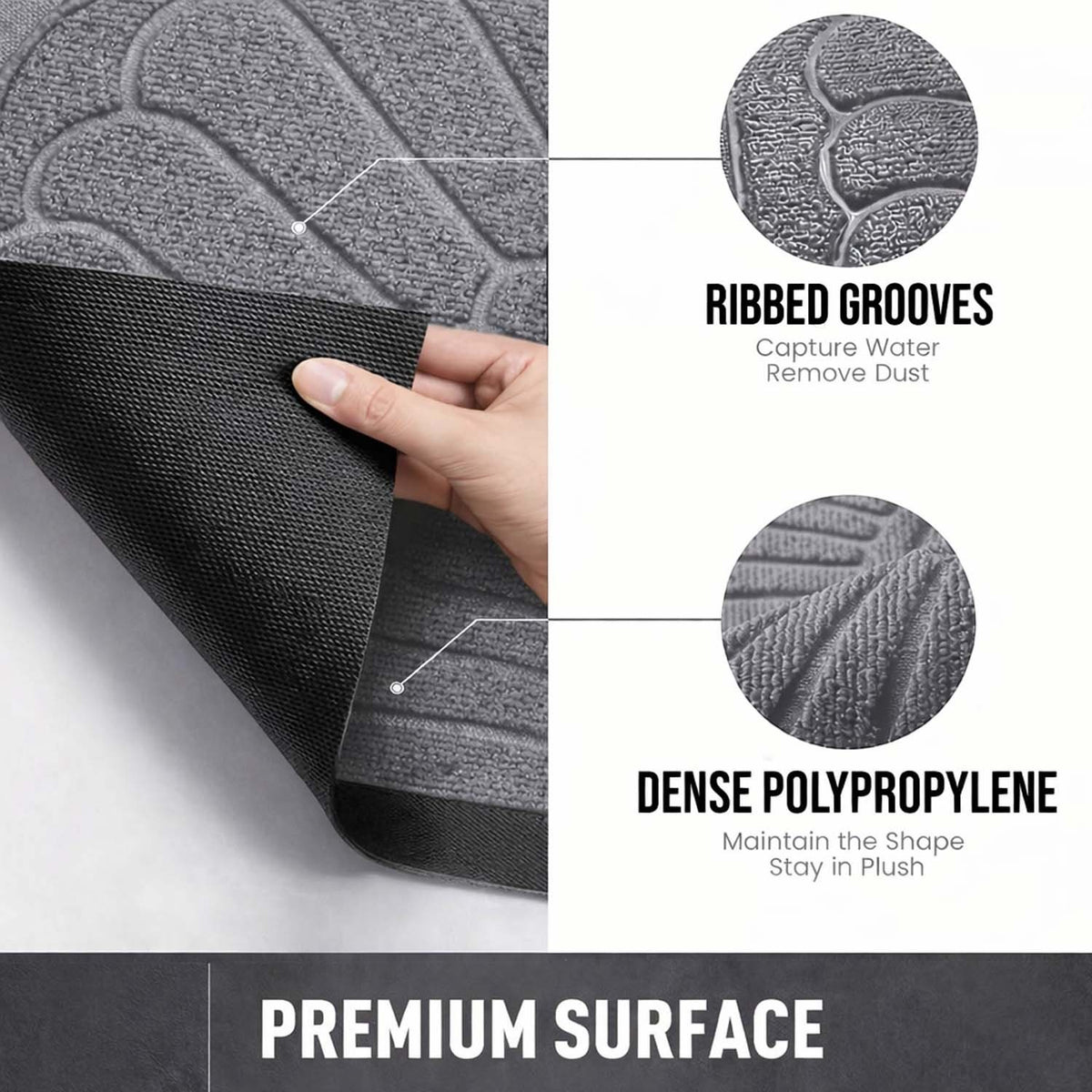 GoHooked grey semi-circle door mat with ribbed grooves and dense polypropylene surface for anti-slip performance.