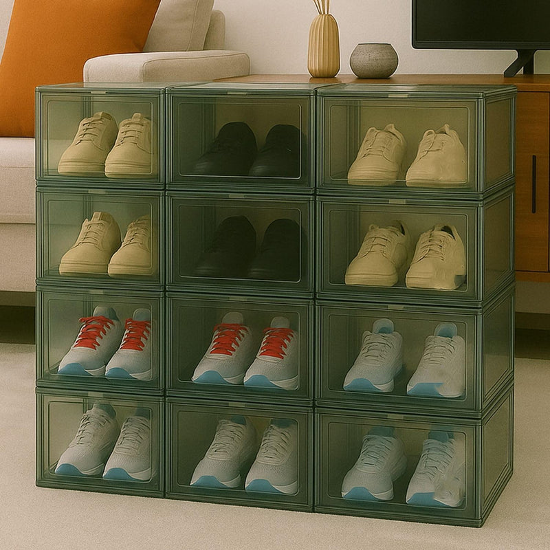 GoHooked grey acrylic shoe boxes with magnetic front doors, stackable, transparent, holding various sneakers.