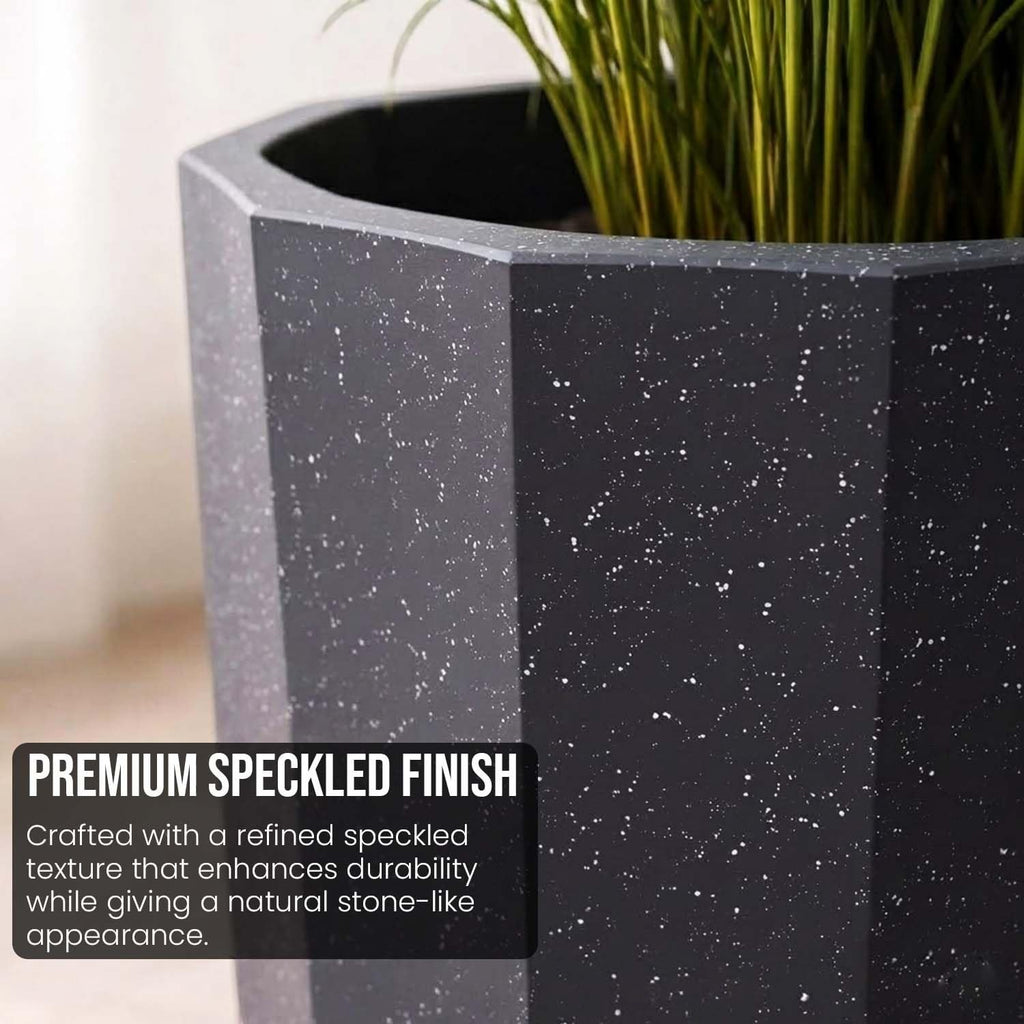 GoHooked modern grey speckled polymer planter pot with faceted design and matching tray. 14.5 inch.