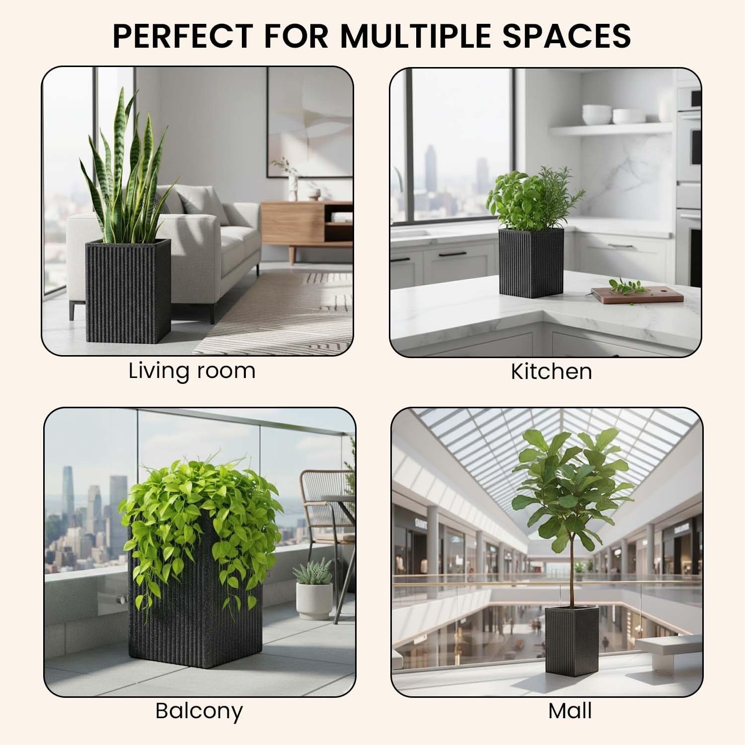 GoHooked tall grey square polymer planter with ribbed texture, perfect for indoor or outdoor plants.