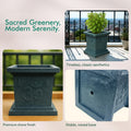 GoHooked grey square polymer Tulsi pot with Om and Swastik design, drainage hole, and raised base. Ideal for home temple or balcony decor.