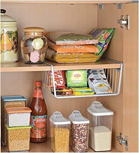 GoHooked grey steel undershelf basket with open wire design, 12 inches, ideal for kitchen storage.