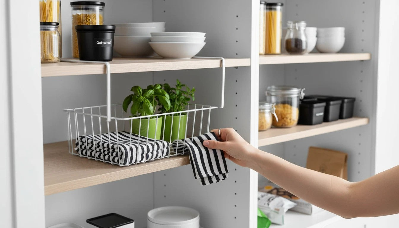 GoHooked grey 12-inch steel undershelf basket with white wire frame, holding folded striped towels and green potted herbs.