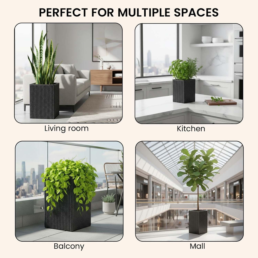 GoHooked grey tall square polymer planter with ribbed texture, 14x30 inches, perfect for indoor/outdoor plants.