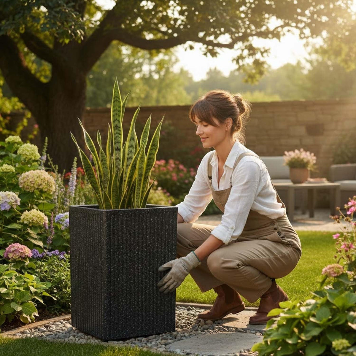 GoHooked grey tall square polymer planter with ribbed texture, 30 inches, holding a snake plant.