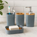 Go Hooked grey textured plastic 4-piece bathroom set with soap dispenser, toothbrush holder, tumbler, and soap dish.